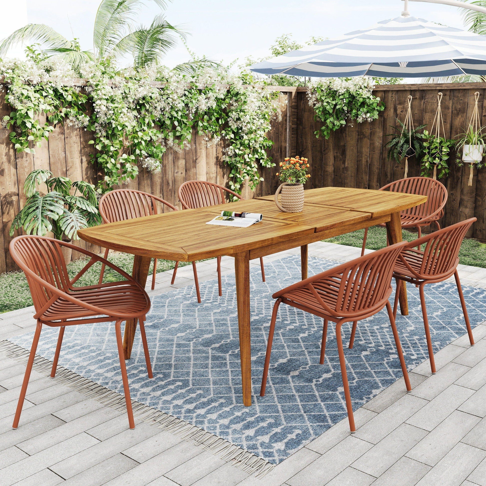 Modern Outdoor 7 Piece Expandable Dining Set With Stackable Chairs Noble House