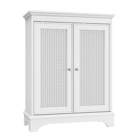 White 2 Door Rattan Storage Cabinet With Adjustable Partition, Medieval Modern Independent Buffet Cabinet, Multifunctional Decorative Cabinet Suitable For Living Room, Kitchen, Bathroom - White Home Essentials