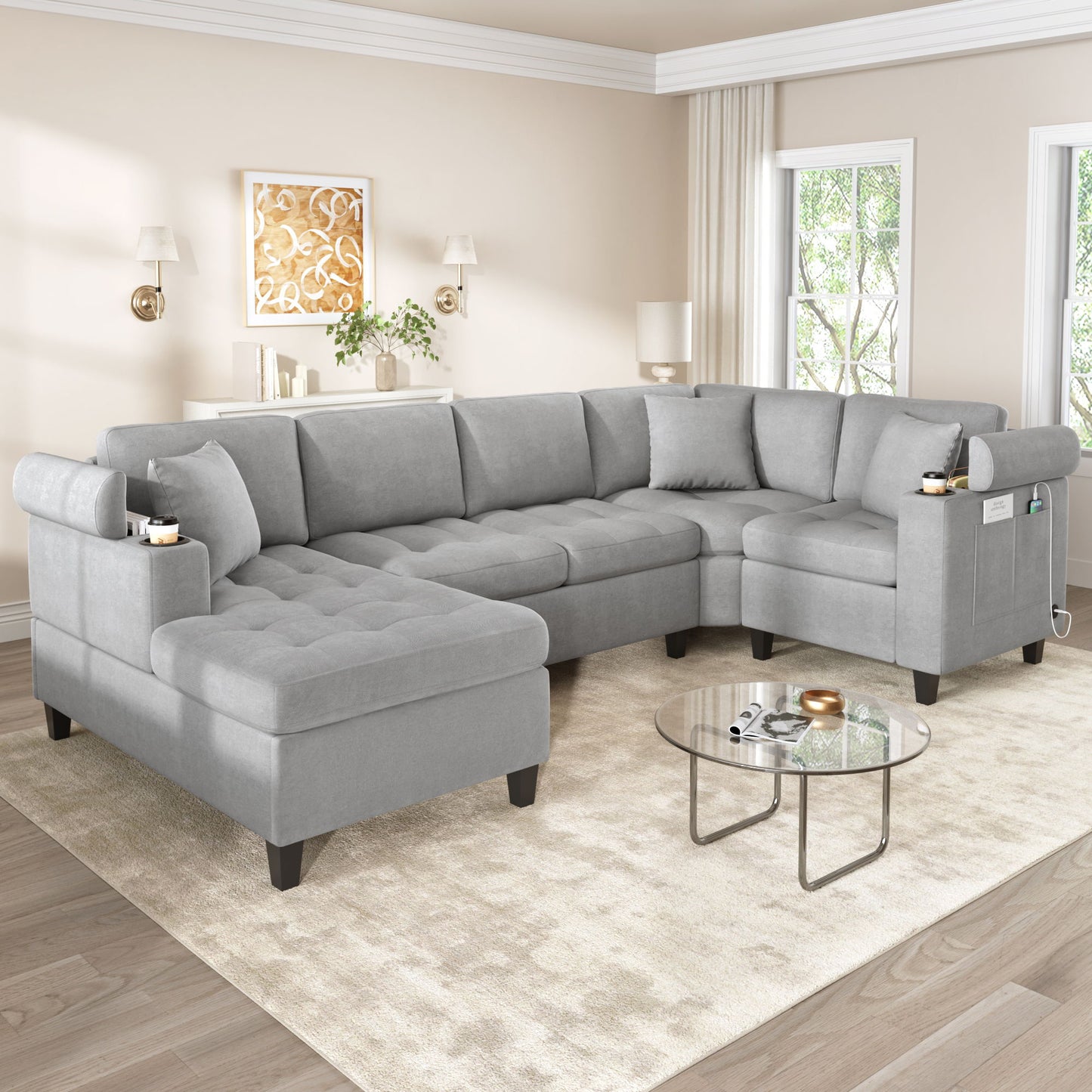 U Shaped Sectional Sofa, Corner Living Room Couch With Built In Cup Holders, Storage, USB Ports Hearth and Haven