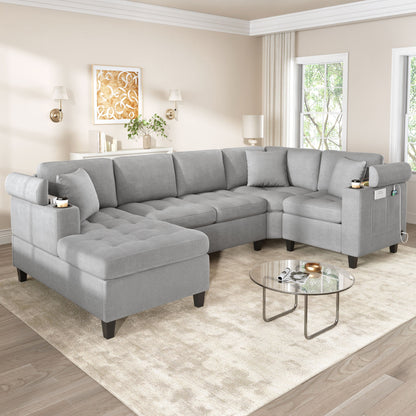 U Shaped Sectional Sofa, Corner Living Room Couch With Built In Cup Holders, Storage, USB Ports Hearth and Haven
