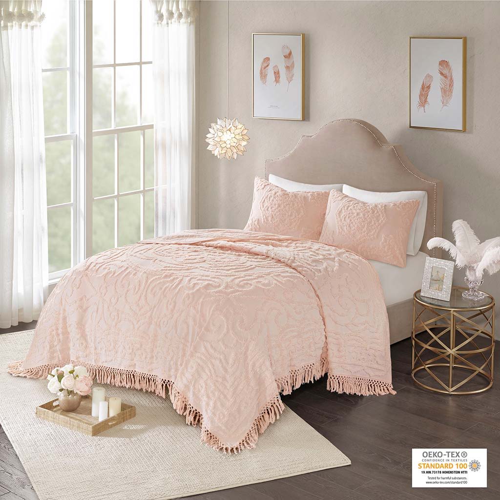 Laetitia - King Tufted Medallion Fringe Coverlet Mini Set - Blush