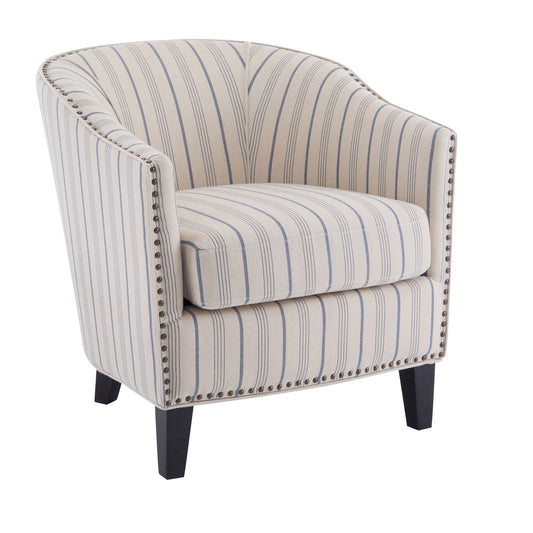 Transitional Upholstered Stripe Barrel Chair With Birch Wood Legs And Plush Cushioned Seat - Beige / Blue Stripe Noble House