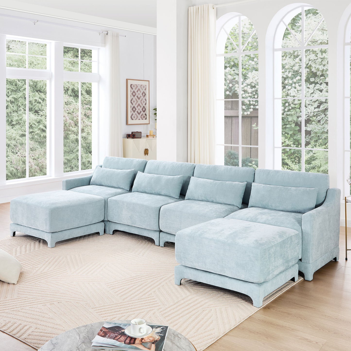 Stylish Sofa With Ottoman And Lumbar Pillows, Ergonomic Design Home Essentials