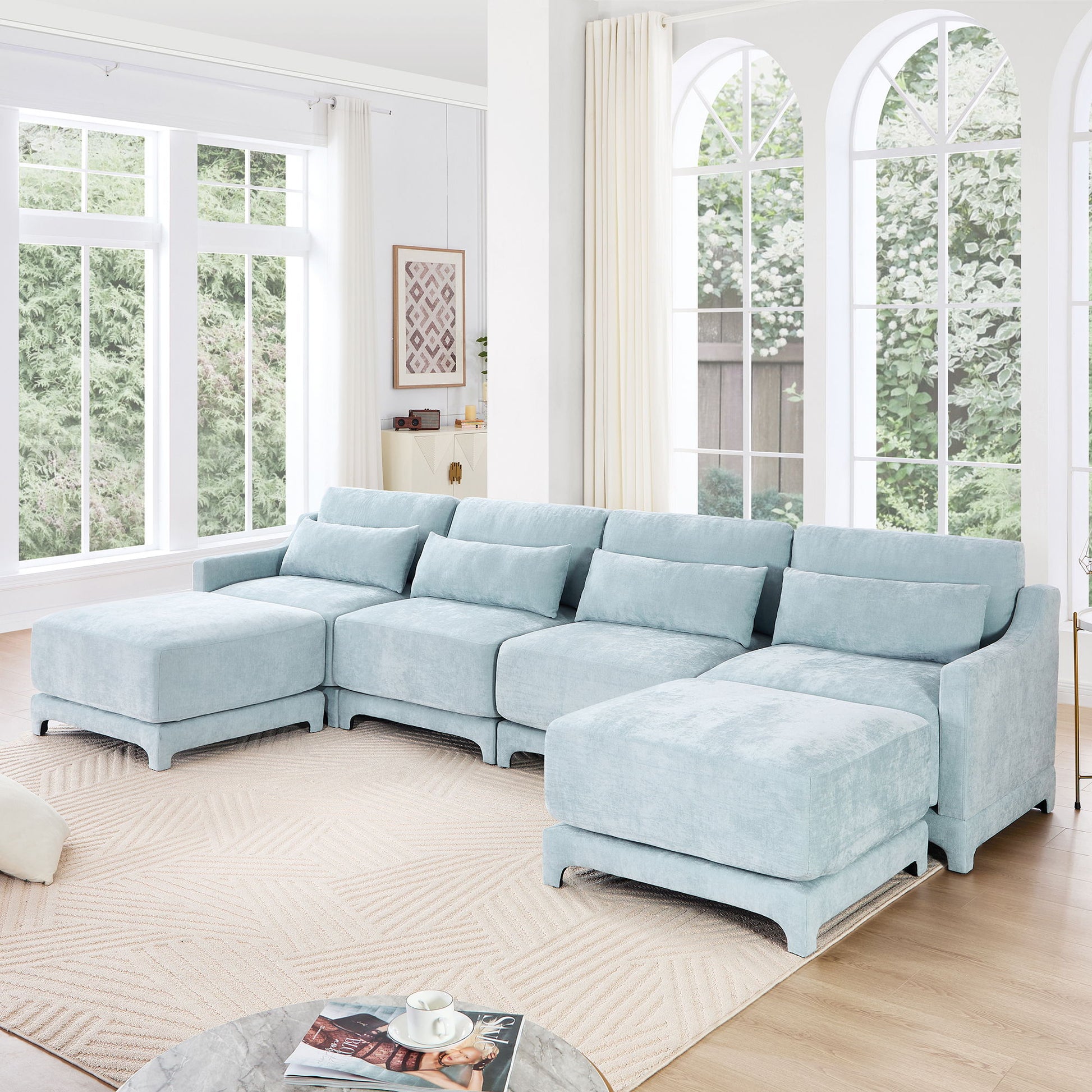 Stylish Sofa With Ottoman And Lumbar Pillows, Ergonomic Design Home Essentials