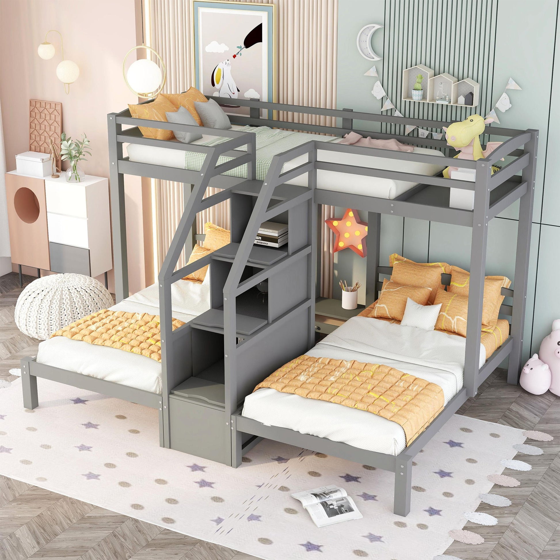 Twin Over Twin & Twin Bunk Bed With Built In Staircase And Storage Drawer - Gray Hearth and Haven