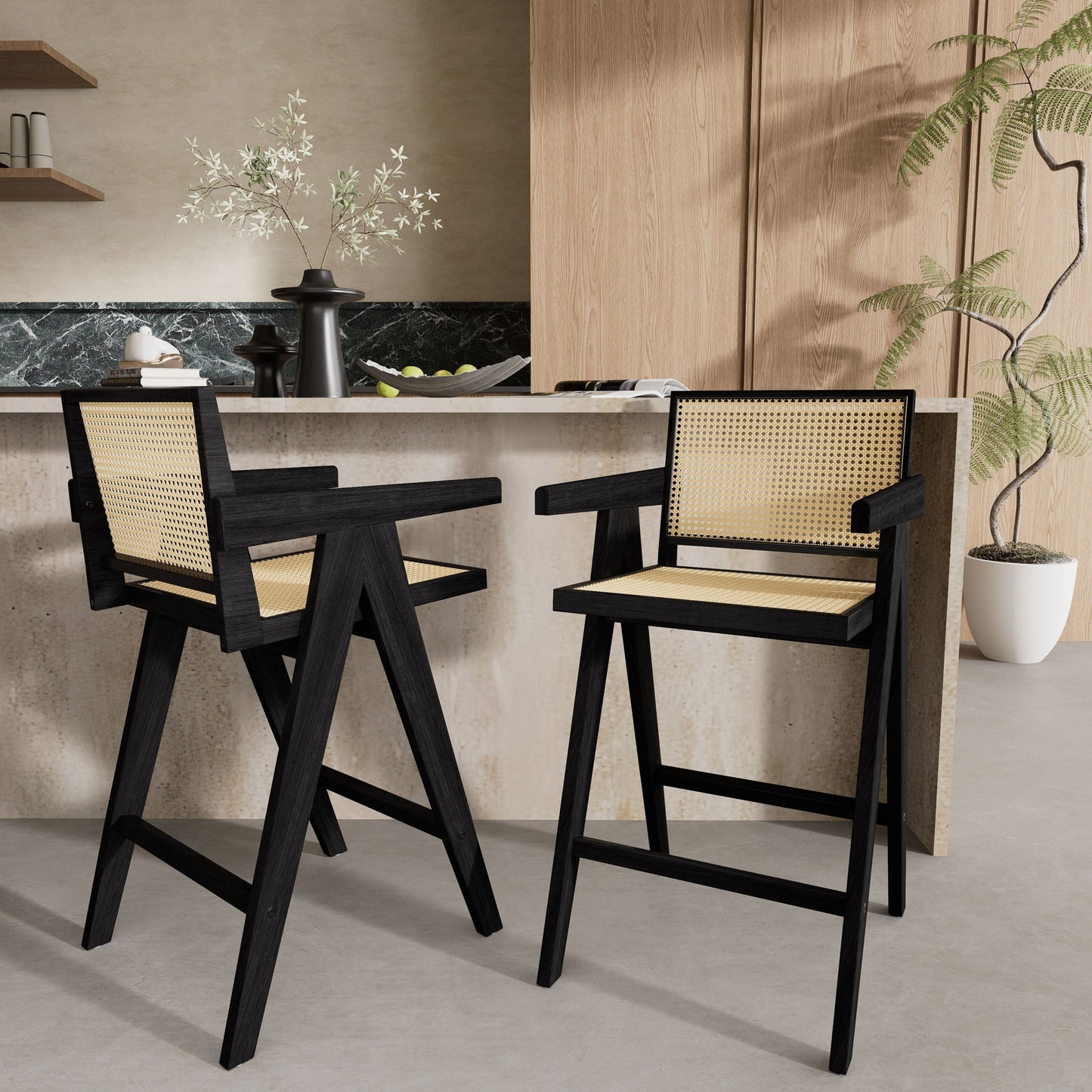 Modern Minimalist Bar Stool With Cane Seat - Black / Natural Noble House