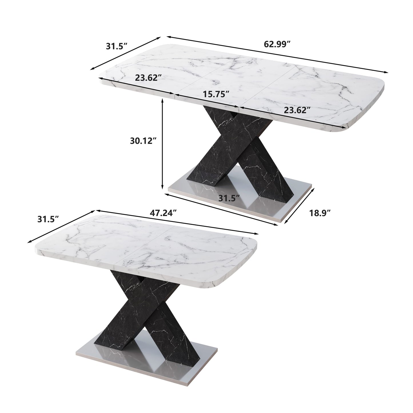 Rectangle Dining Table With Stretchable Top, X Shape Mdf Legs With Steel Base - White / Black Home Essentials