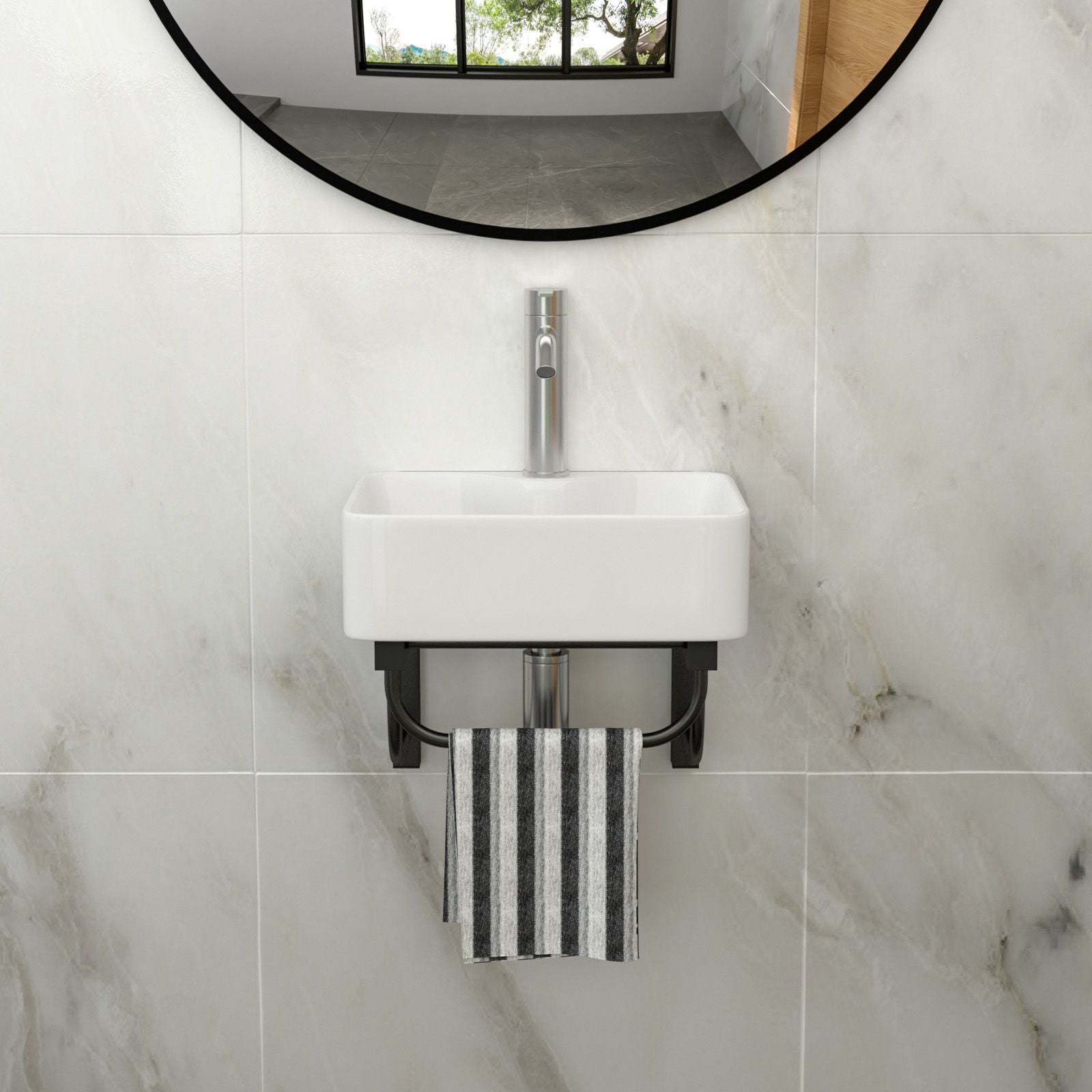 Rectangular Bathroom Sink With Towel Bar & Faucet Hole, Wall Mounted - White Home Essentials