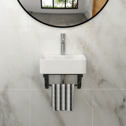 Rectangular Bathroom Sink With Towel Bar & Faucet Hole, Wall Mounted - White Home Essentials
