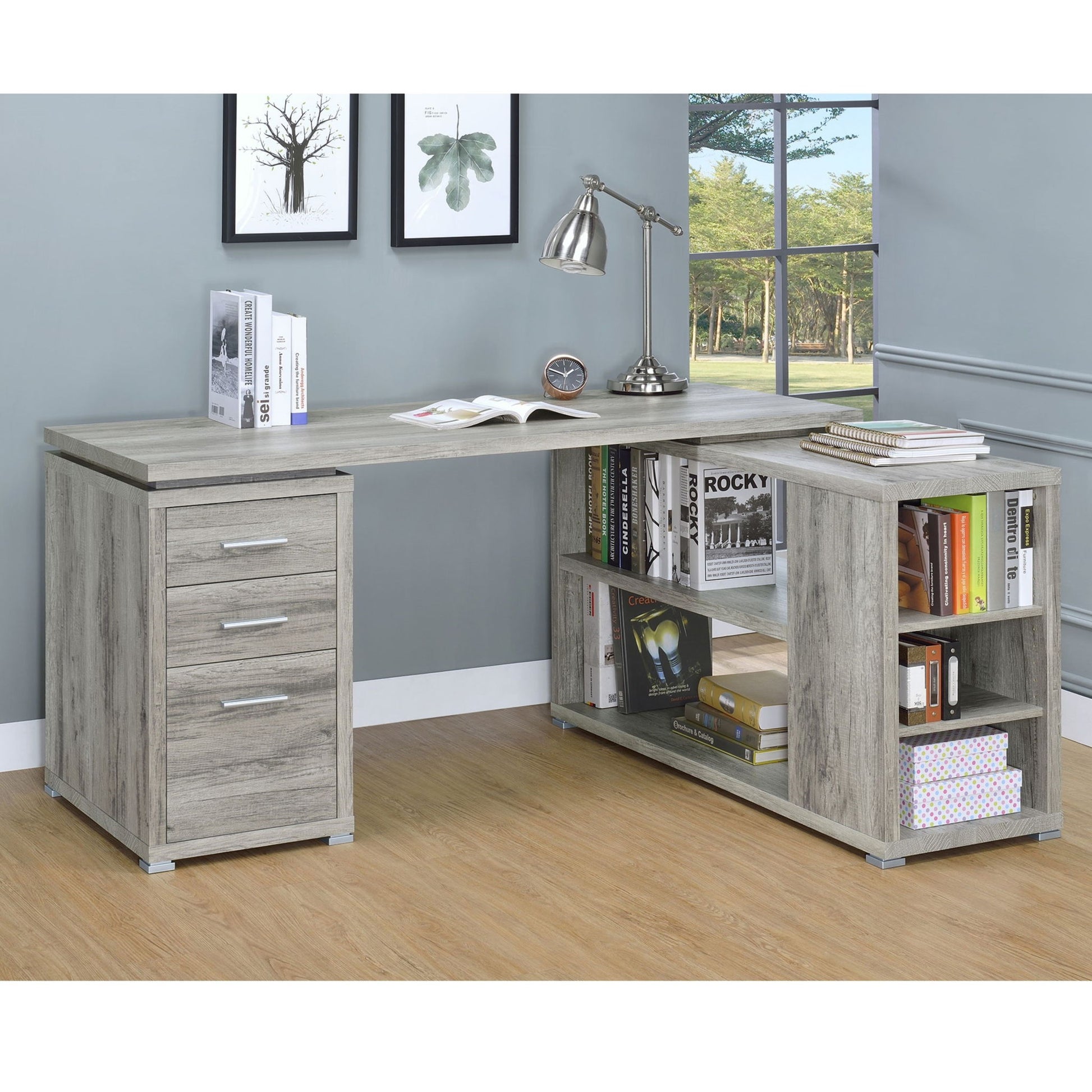 Transitional L Shape Computer Desk With Multiple Storage And Built In File Cabinet Home Essentials