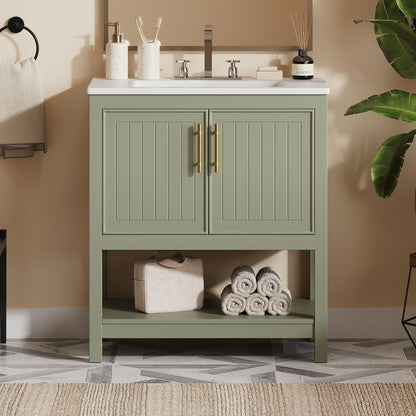 Elegant Bathroom Vanity With Ceramic Sink And Versatile Storage Hearth and Haven