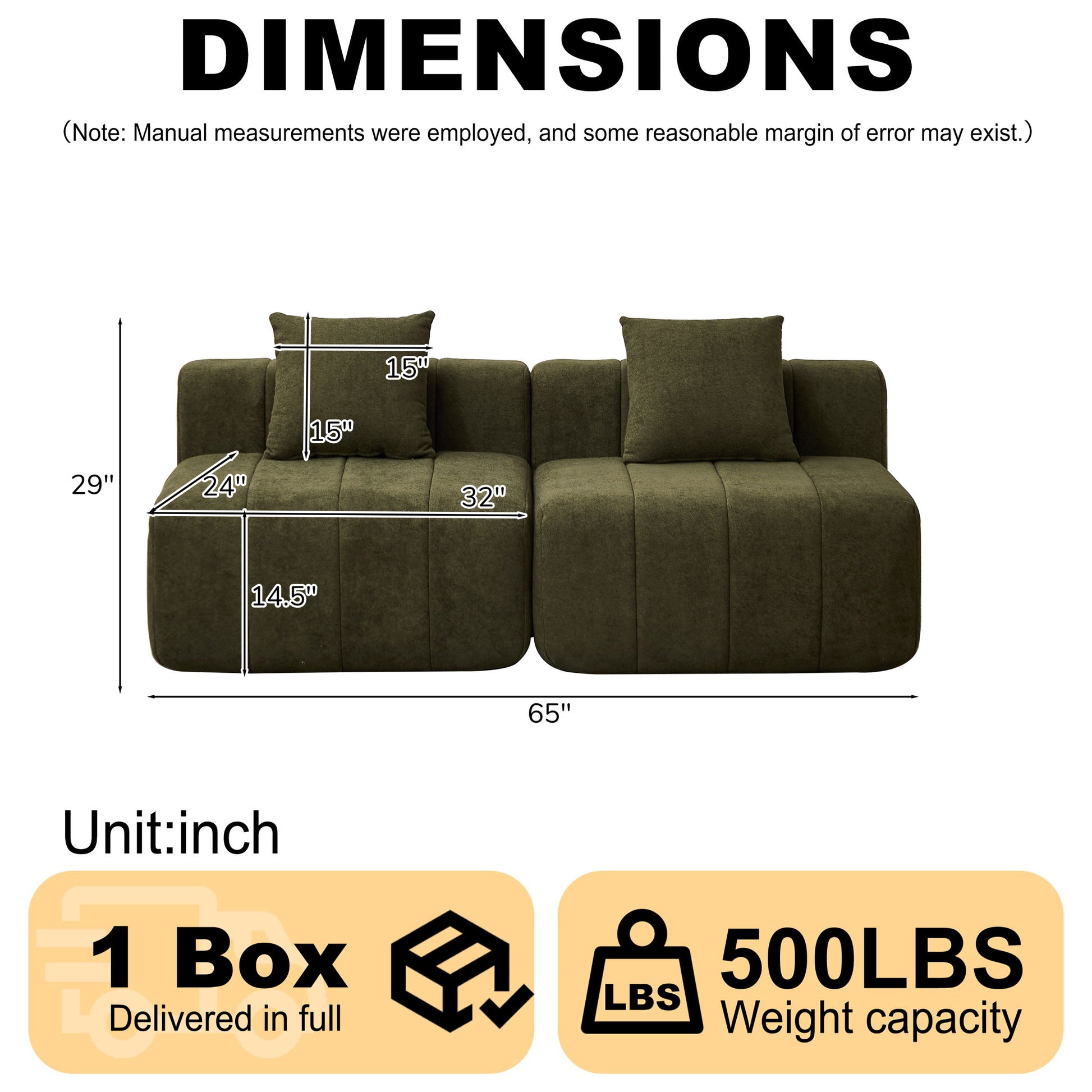 Modular Sectional Sofa With 2 Pillows, Symmetrical Design Home Essentials