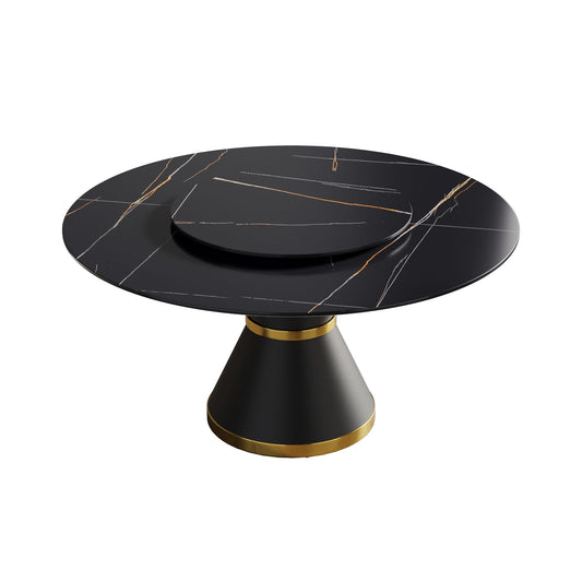 Modern Artificial Stone Round Carbon Steel Base Dining Table, Can Accommodate 6 People Artificial Stone Turntable - Black Home Essentials