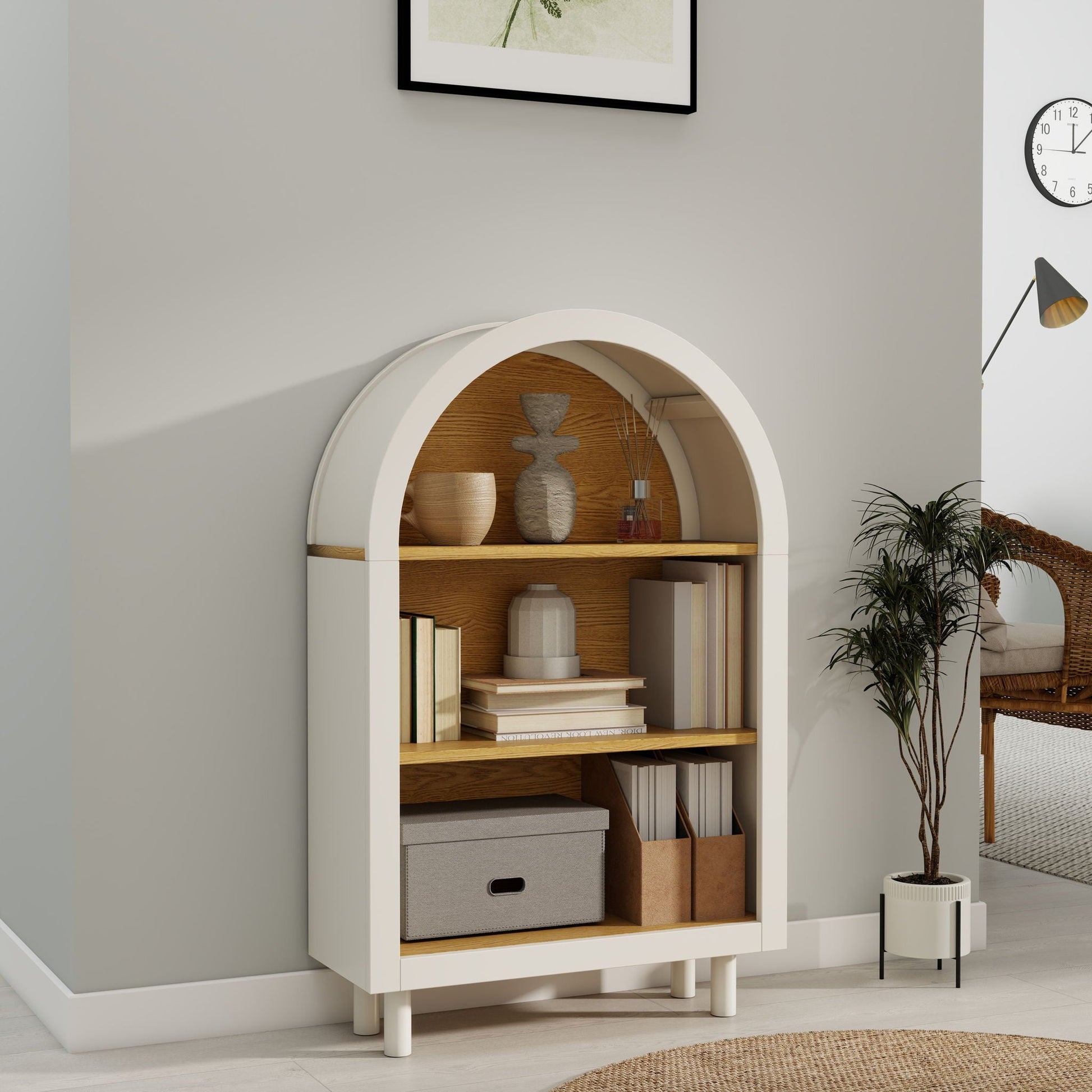 Arched Small Bookcase, Storage Cabinet, Bookshelf With 3 Shelves For Living Room - Oak / White Home Essentials
