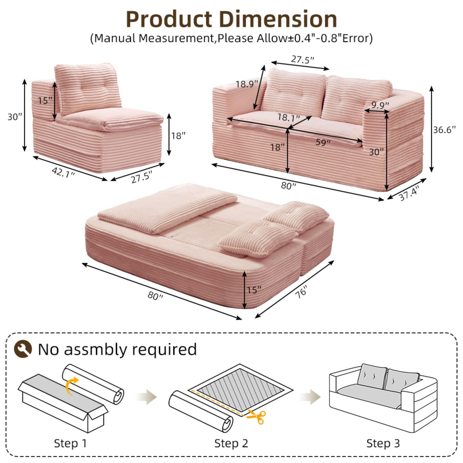 Multi Functional Sectional Sofa Bed With Independent Chaise Lounge And Functional Blanket, Convertible King Size Bed, Deep Seat - Baby Pink Home Essentials