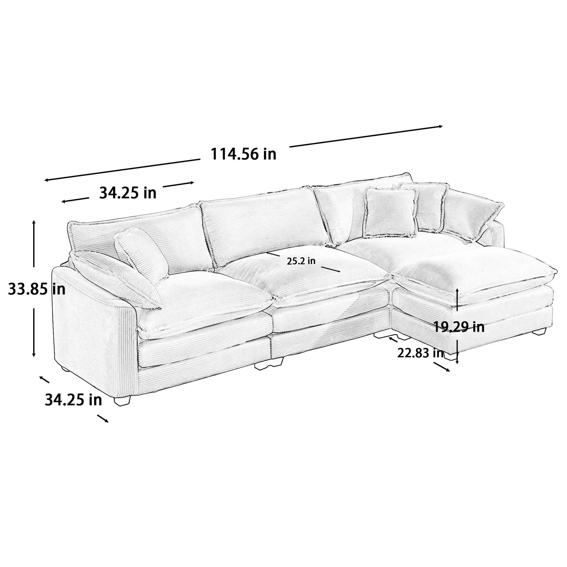 Modern Oversized Modular Cushion Sofa With Ottoman, Low Back, Deep Seating Sofa Set Home Essentials