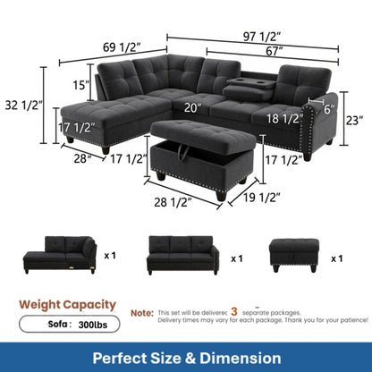 L - Shaped 3 Piece Sectional Sofa With Chaise, Storage Ottoman & Cup Holders Home Essentials