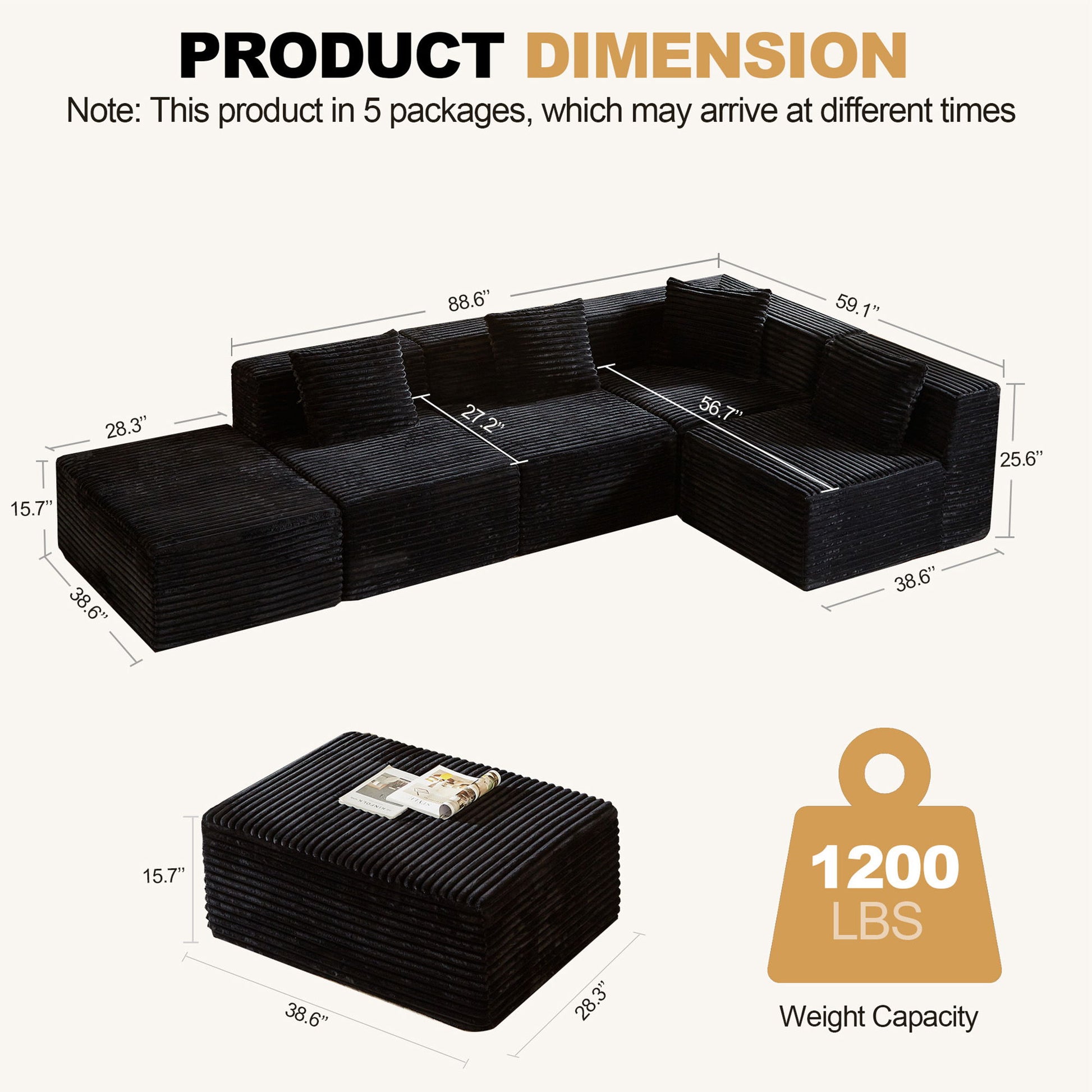 Modular Sectional Couches For Living Room With Deep Seat, L Shape Cloud Sofa Couch, High Density Memory Foam, Boneless Upholstered Couchesy - Black Home Essentials