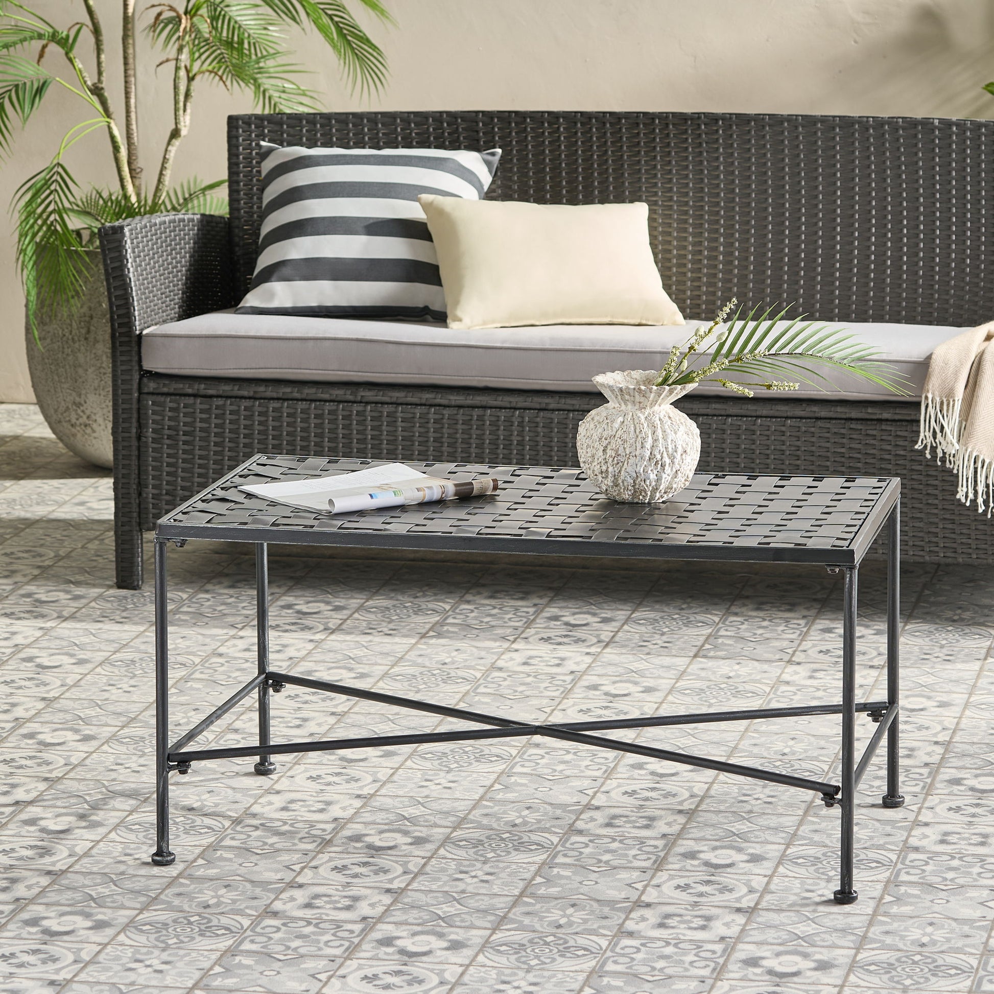 Luna - Outdoor Iron Coffee Table - Black Brush Silver Noble House