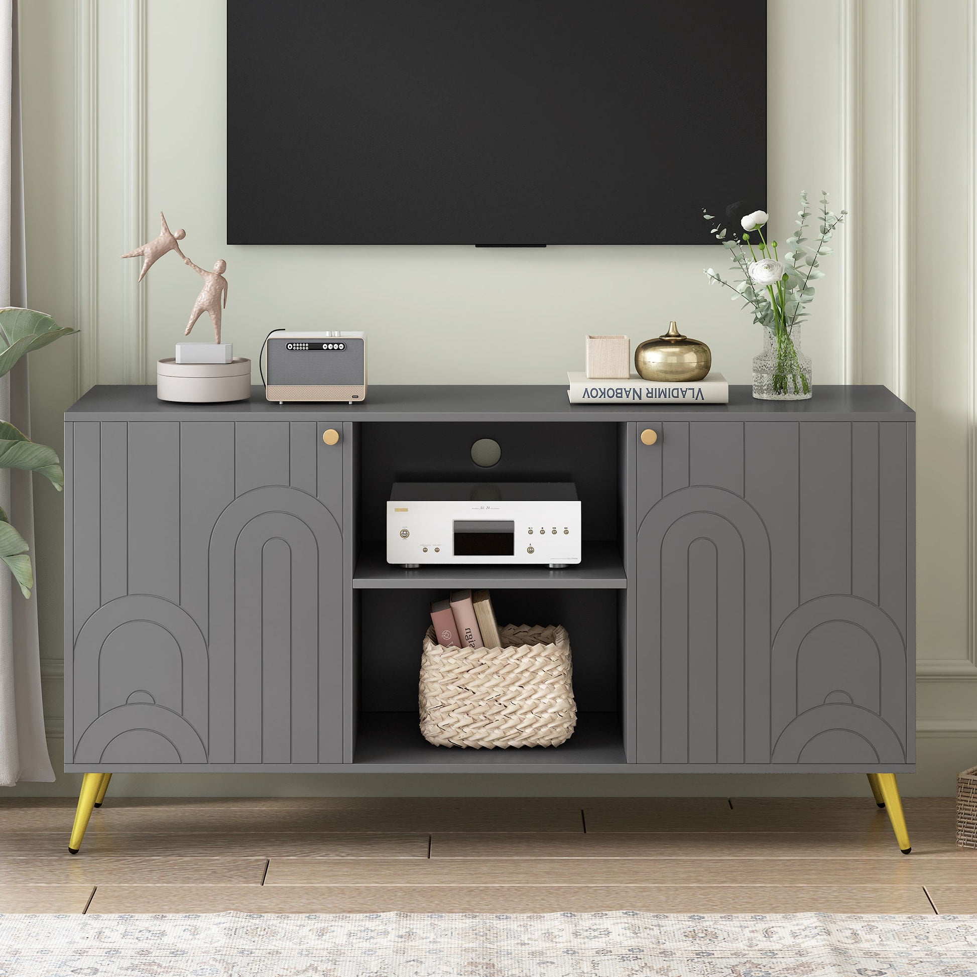 Modern TV Stand With Adjustable Shelf, Handles And Anti-Tip Device Hearth and Haven
