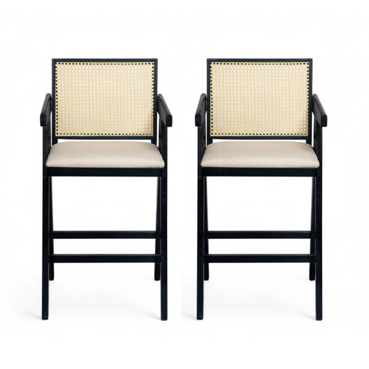 Woven Cane Plastic Backrest Bar Stool Foam Padded Fabric Seat & Durable Rubberwood Frame - Cream Gray Noble House