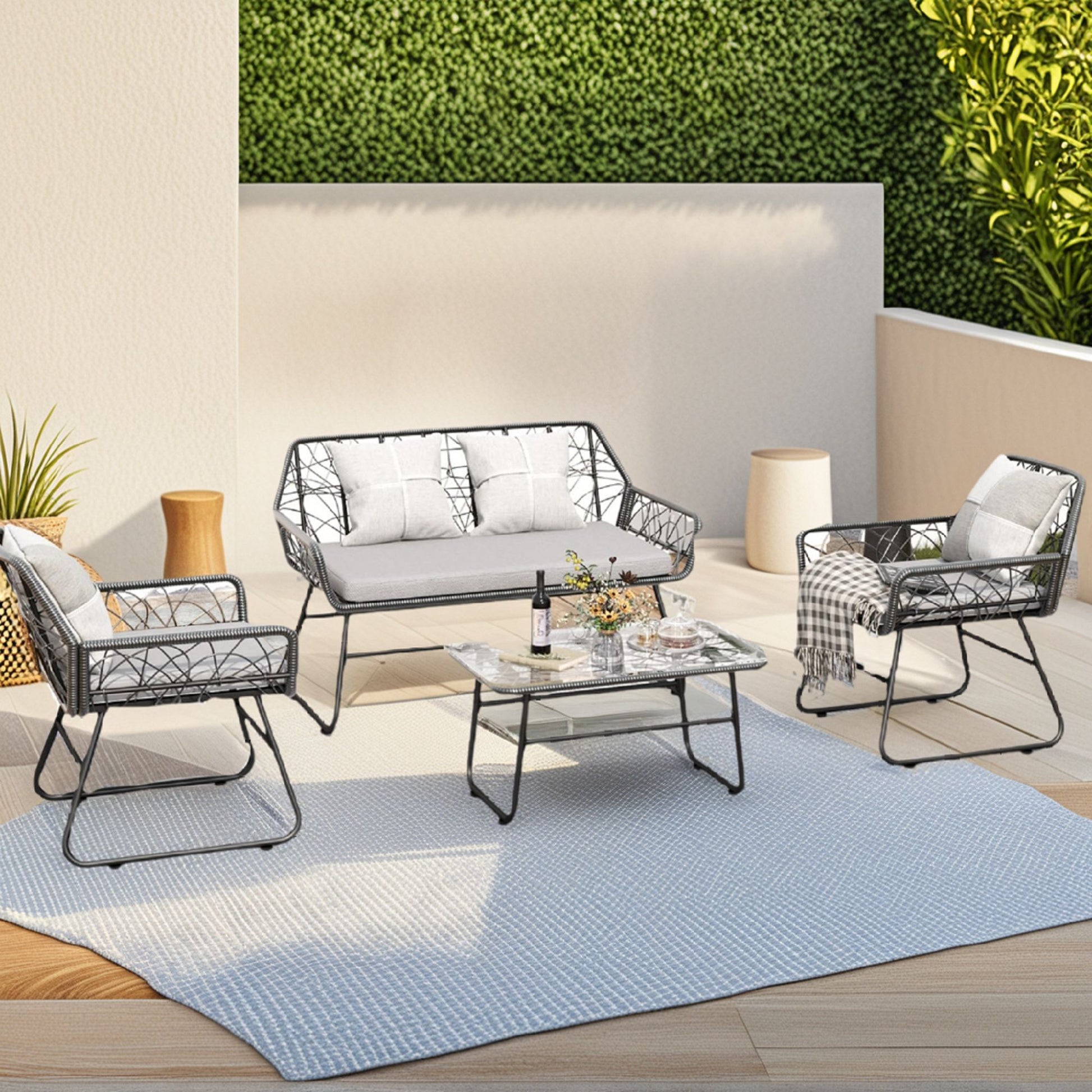 4 Piece Wicker Patio Furniture Set With Tempered Glass Table And Detachable Cushions Home Essentials