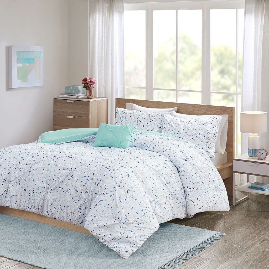 Abby - Twin Metallic Printed And Pintucked Duvet Cover Set - Aqua Blue