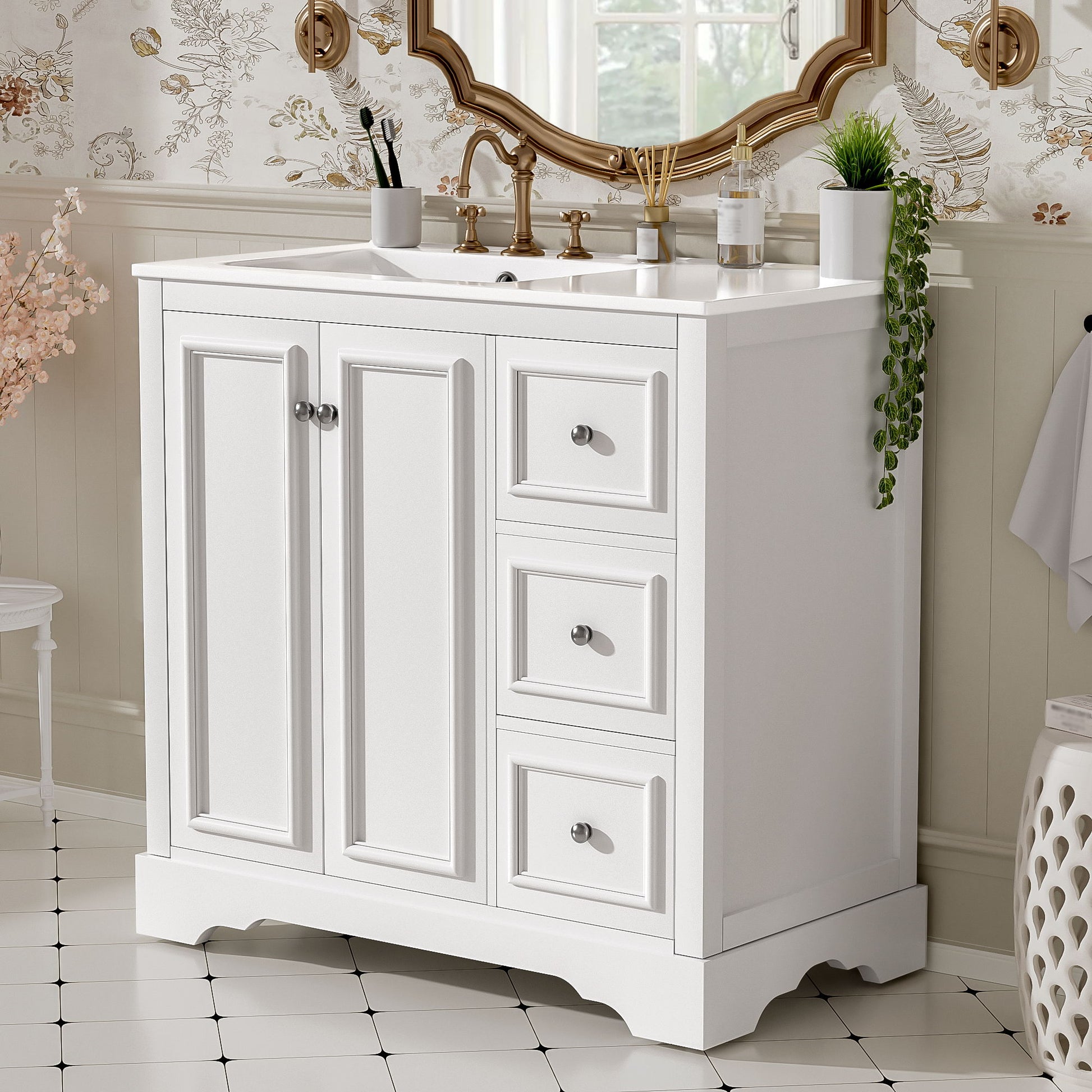 Bathroom Vanity With Sink, Soft-Close Doors, Adjustable U-Shelf, 3 Drawers Hearth and Haven