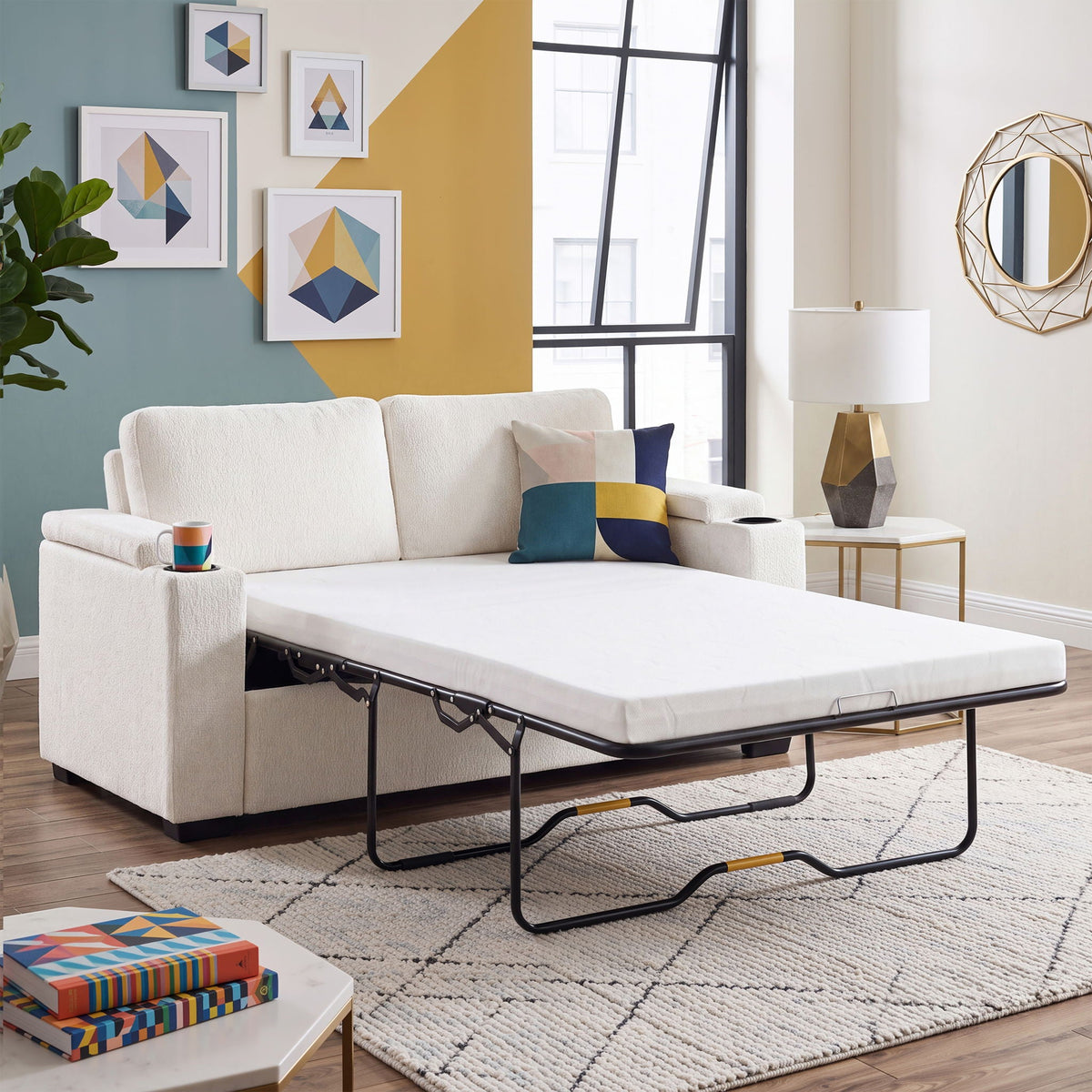 Pull Out Sofa Bed Loveseat With Twin Mattress, Cup Holders And Arm Storage Hearth and Haven