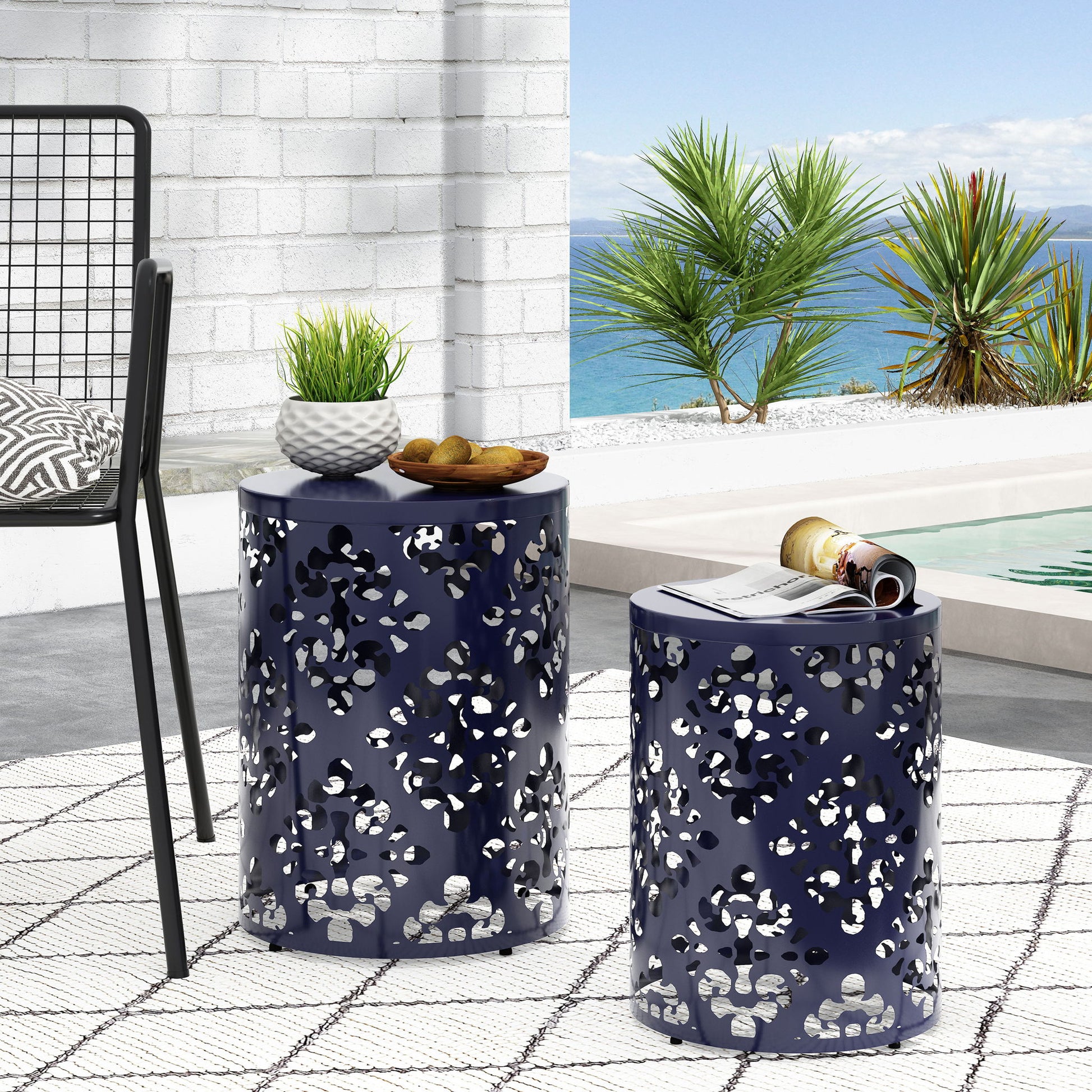 Modern Iron Cut Design End Table (Set of 2) - Navy Blue Noble House