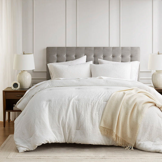 Mina - King/California King Waffle Weave Textured Comforter Set - White Super Listing