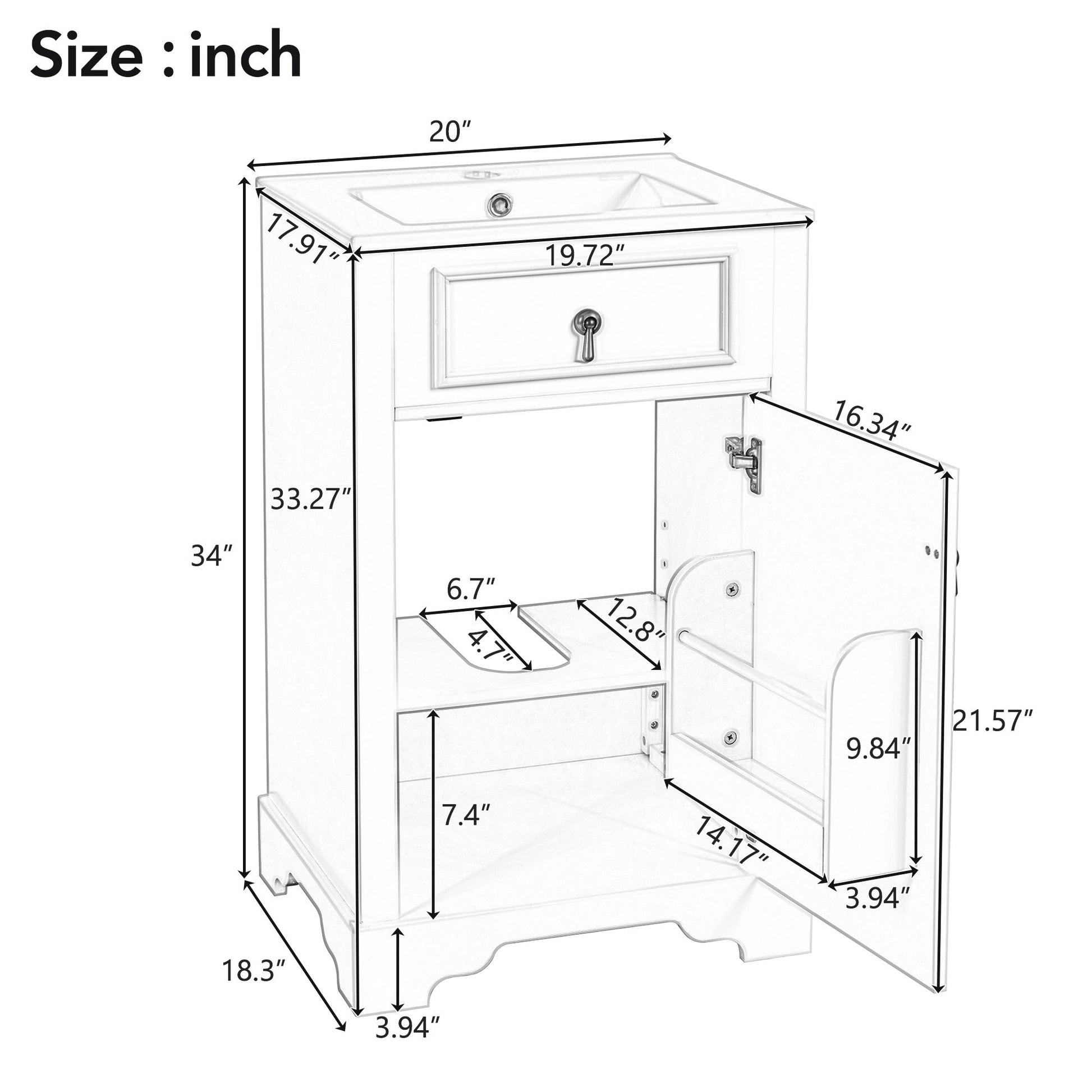 Elegant Bathroom Vanity With Ceramic Sink, Soft Close Door, Adjustable Shelf Hearth and Haven