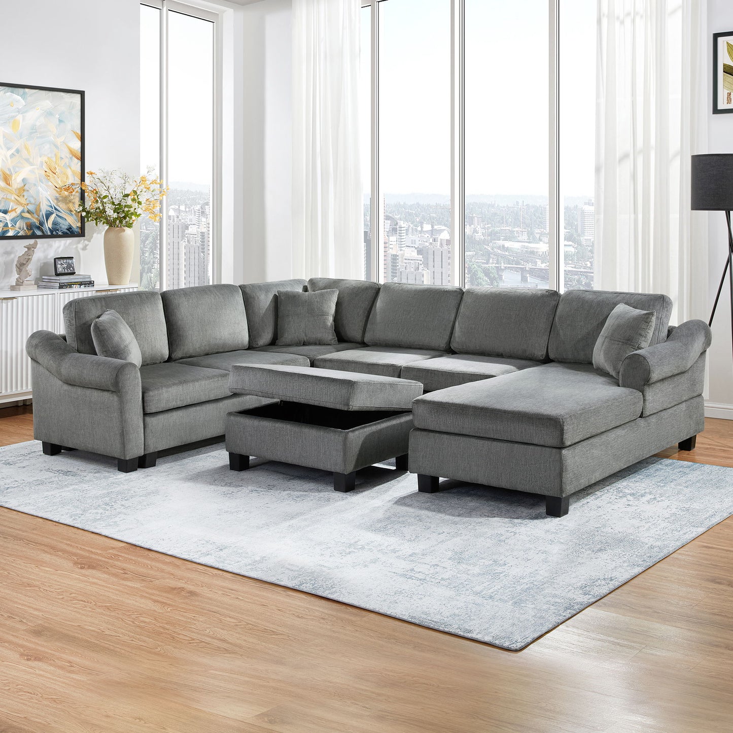Contemporary U - Shaped Sectional Sofa With Movable Storage Ottoman Hearth and Haven