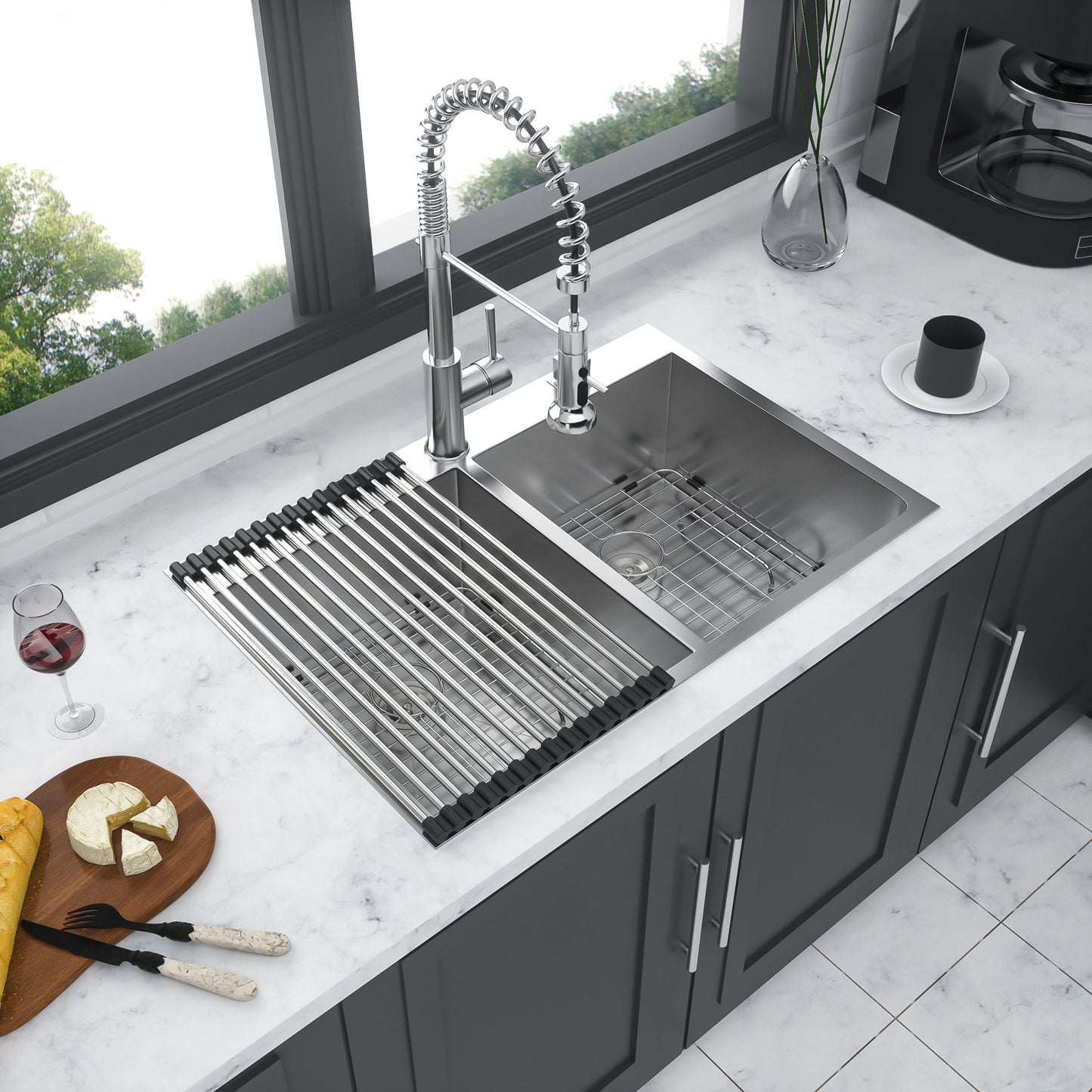 Double Bowl Drop In Sink, Stainless Steel With 50 / 50 Basins 18 Gauge - Brushed Nickel Daily Nest