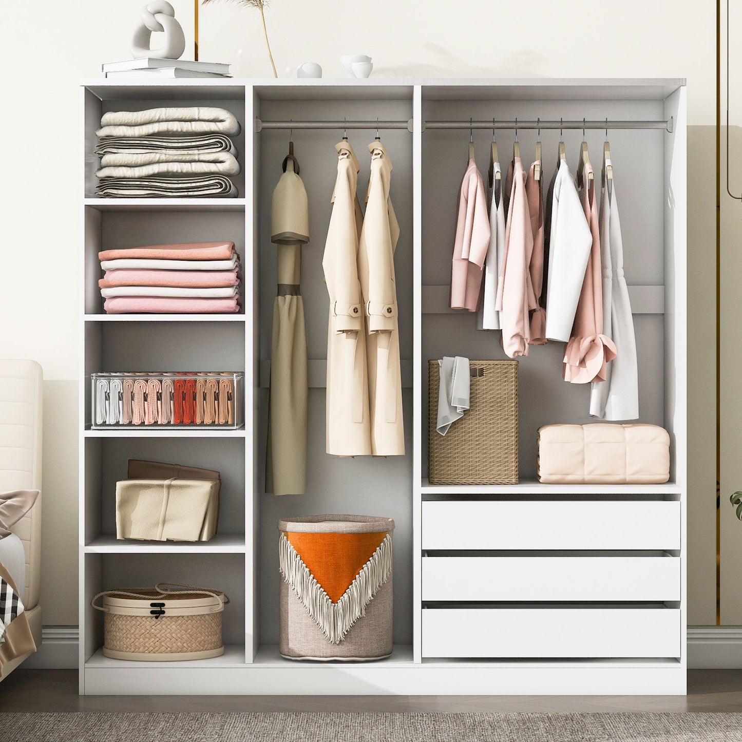 Doorless Storage Wardrobe For Dedroom With Shelves And 3 Drawers Timeless Haven