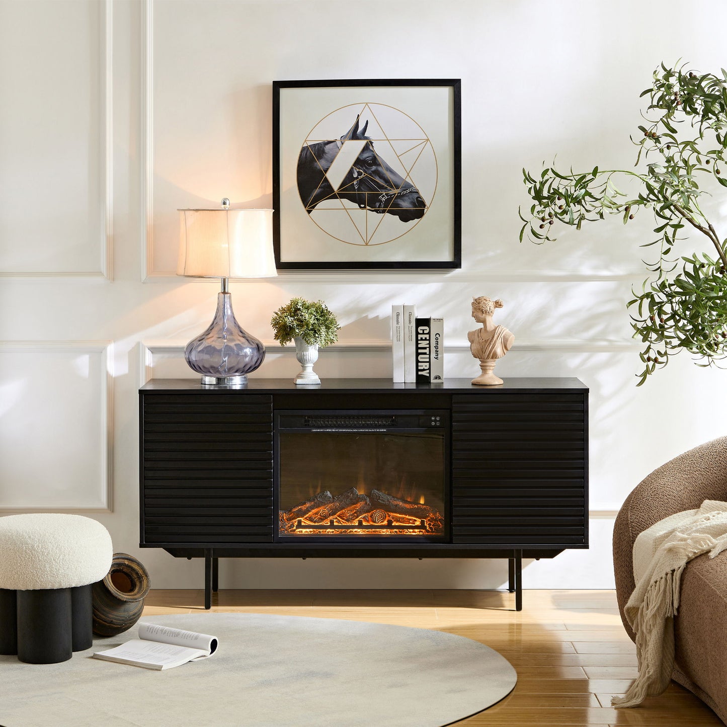 Oak Board Cabinet, The Middle Layer Board On Both Sides Of The Cabinet Can Be Adjusted, The Furnace Is Embedded In The Middle Grid With The Remote Control Home Essentials