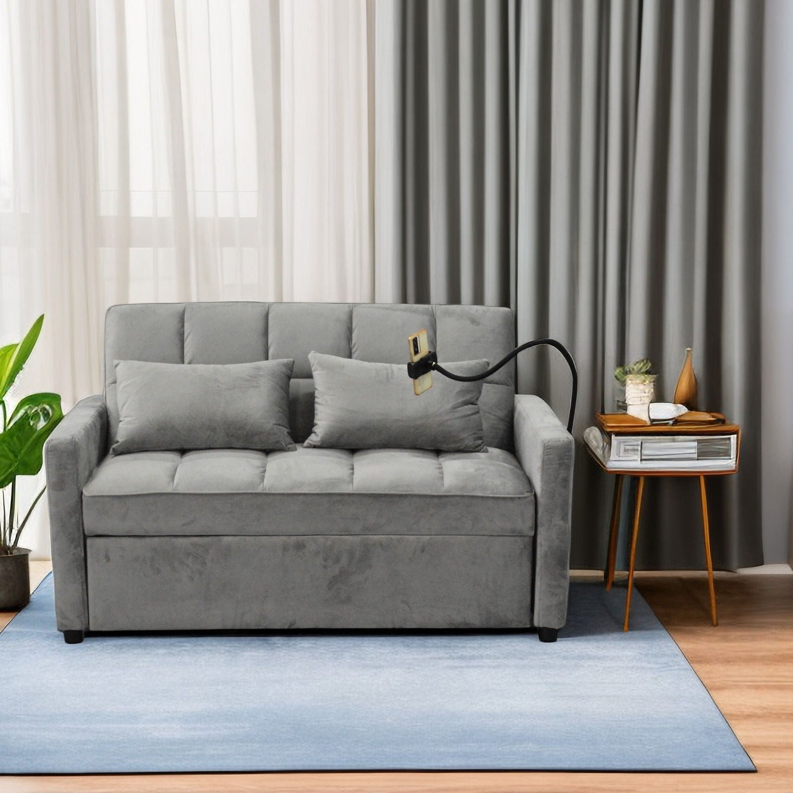 3 In 1 Convertible Sleeper Sofa Bed, Modern Fabric Futon Sofa Couch Pullout Bed, Adjustable Backrest With Three USB Ports, Two Side Pockets, Two Cup Holders And Swivel Phone Holder Home Essentials