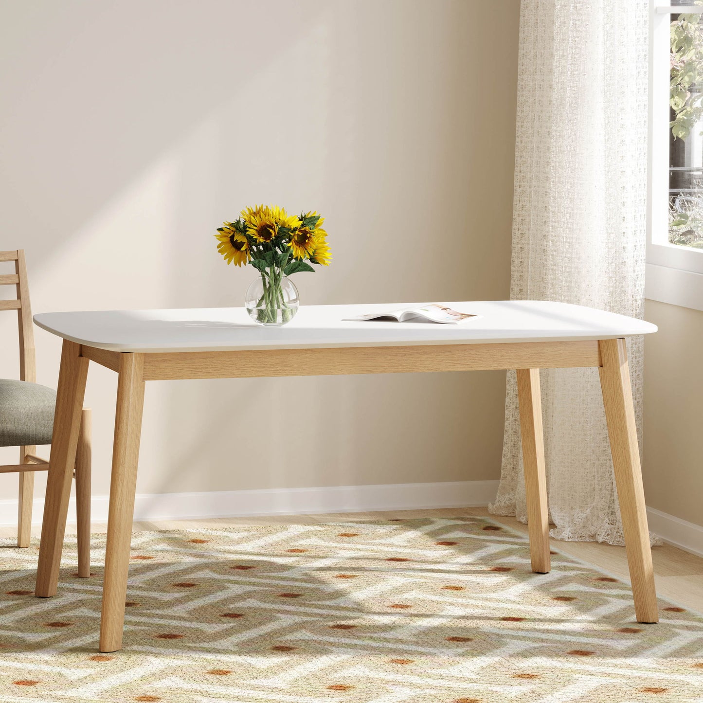 Dining Table With Splayed Rubberwood Legs & Faux Wood Tabletop, Mid Century Modern - White Oak Noble House