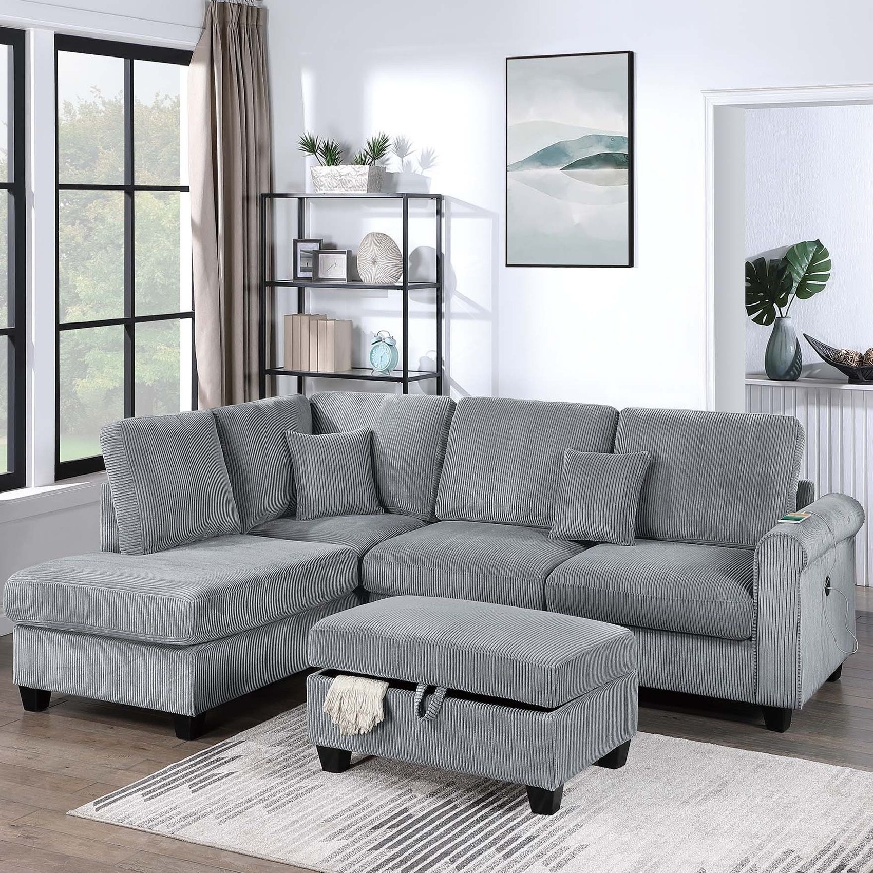Contemporary Sectional Set With Right Arm Chaise, Left Arm Sofa With USB Port, Storage Ottoman Home Essentials