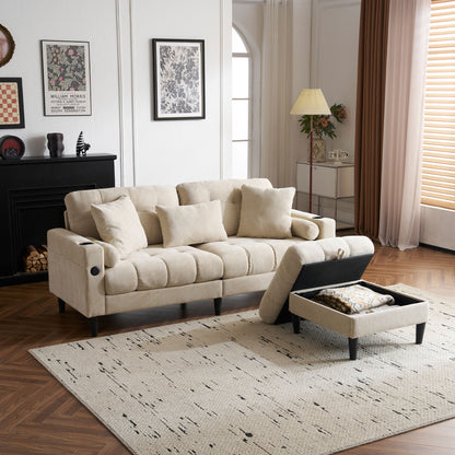 3 Seat L-Shaped Chenille Sofa With Removable And Storage Ottoman, Side Storage, And USB / C - Type Charging Ports Sofa For Living Room