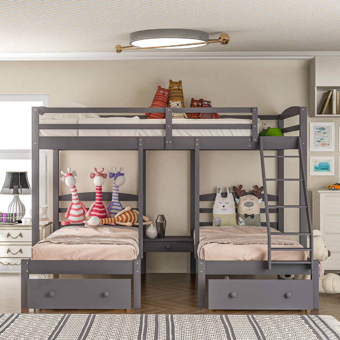 Full Over Twin & Twin Bunk Bed, Triple Bunk Bed With Drawers - Gray Hearth and Haven