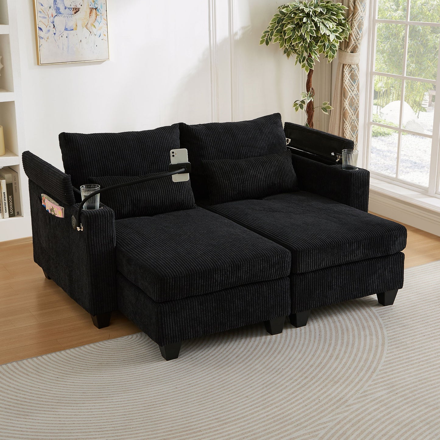 Convertible Chaise Lounge Sofa Chair With USB Ports, Cup Holders, Phone Holder And Storage Hearth and Haven