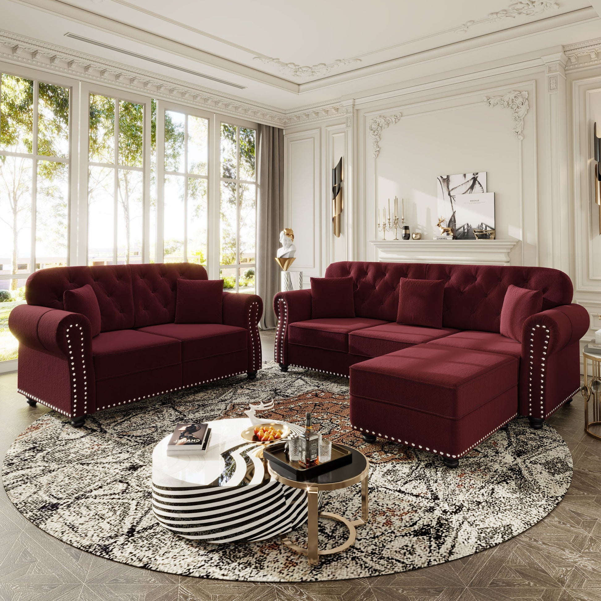 Upholstered Sofa Set With Nailhead Trim And Rolled Armrests, Includes Pillows Home Essentials