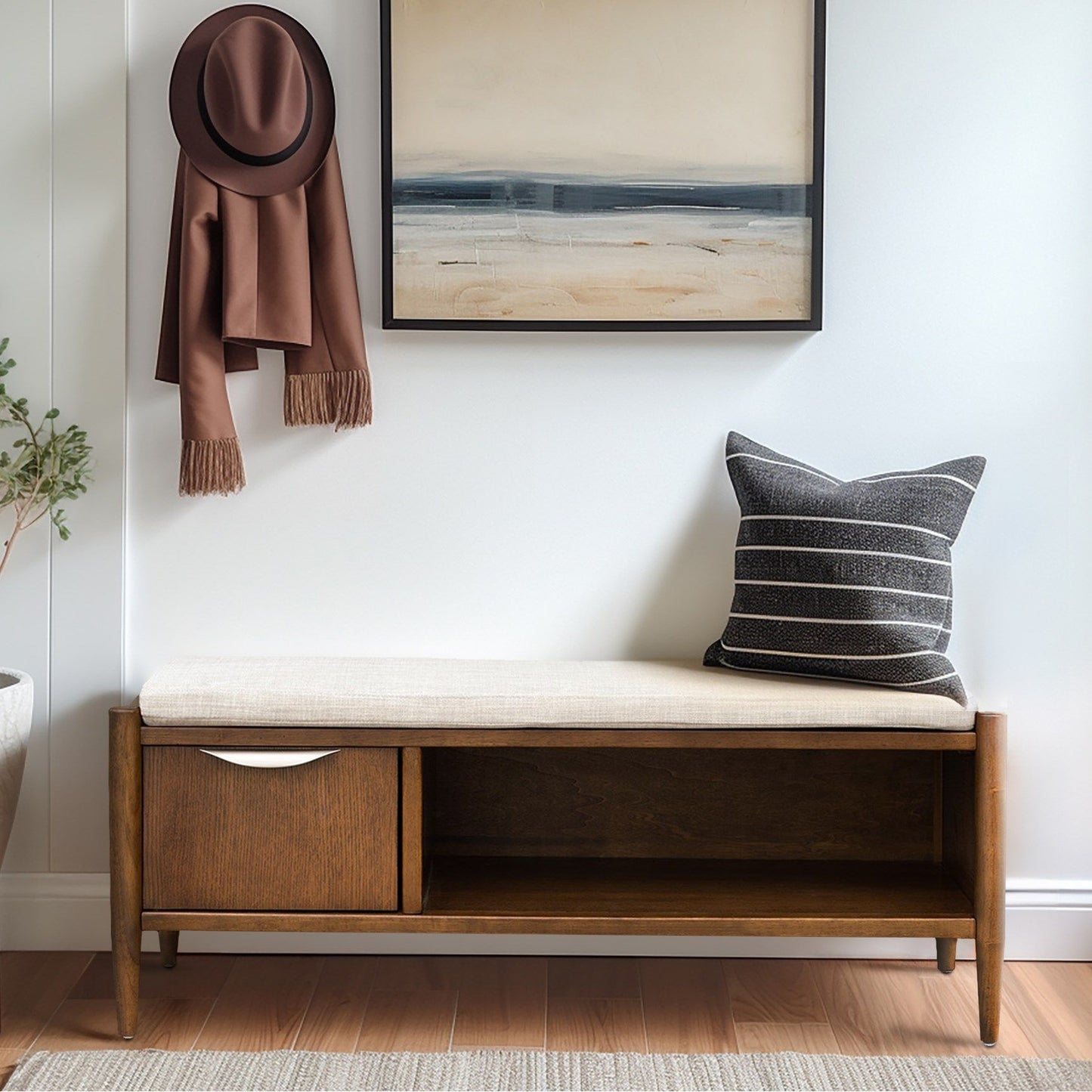 Arcadia - Accent Bench With Storage And Upholstered Cushion - Walnut Brown