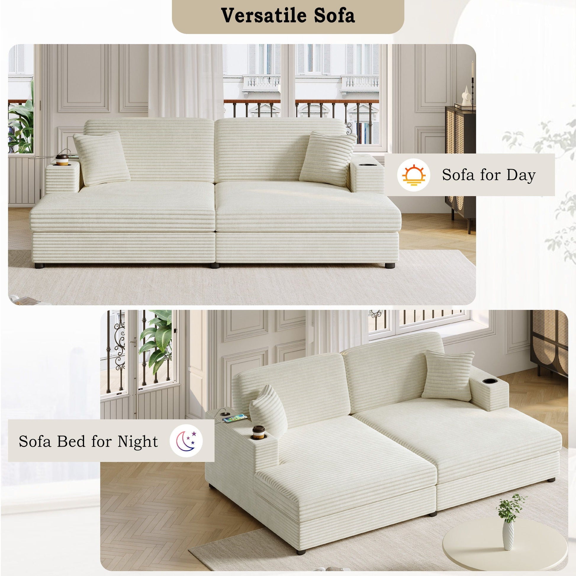 Oversized Loveseat Chaise With 2 USB Ports, 2 Cup Holders And 2 Throw Pillows Hearth and Haven