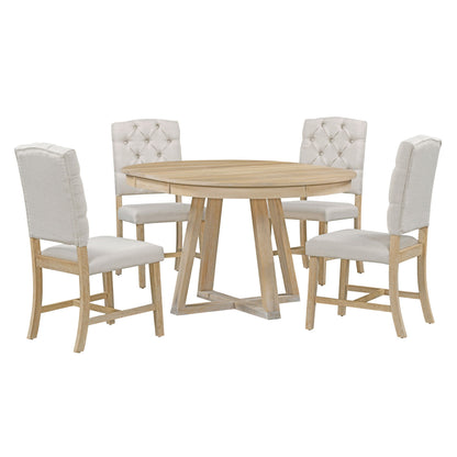 Retro Functional Dining Set, Round Table With Leaf And Upholstered Chairs For Dining Room And Living Room Hearth and Haven