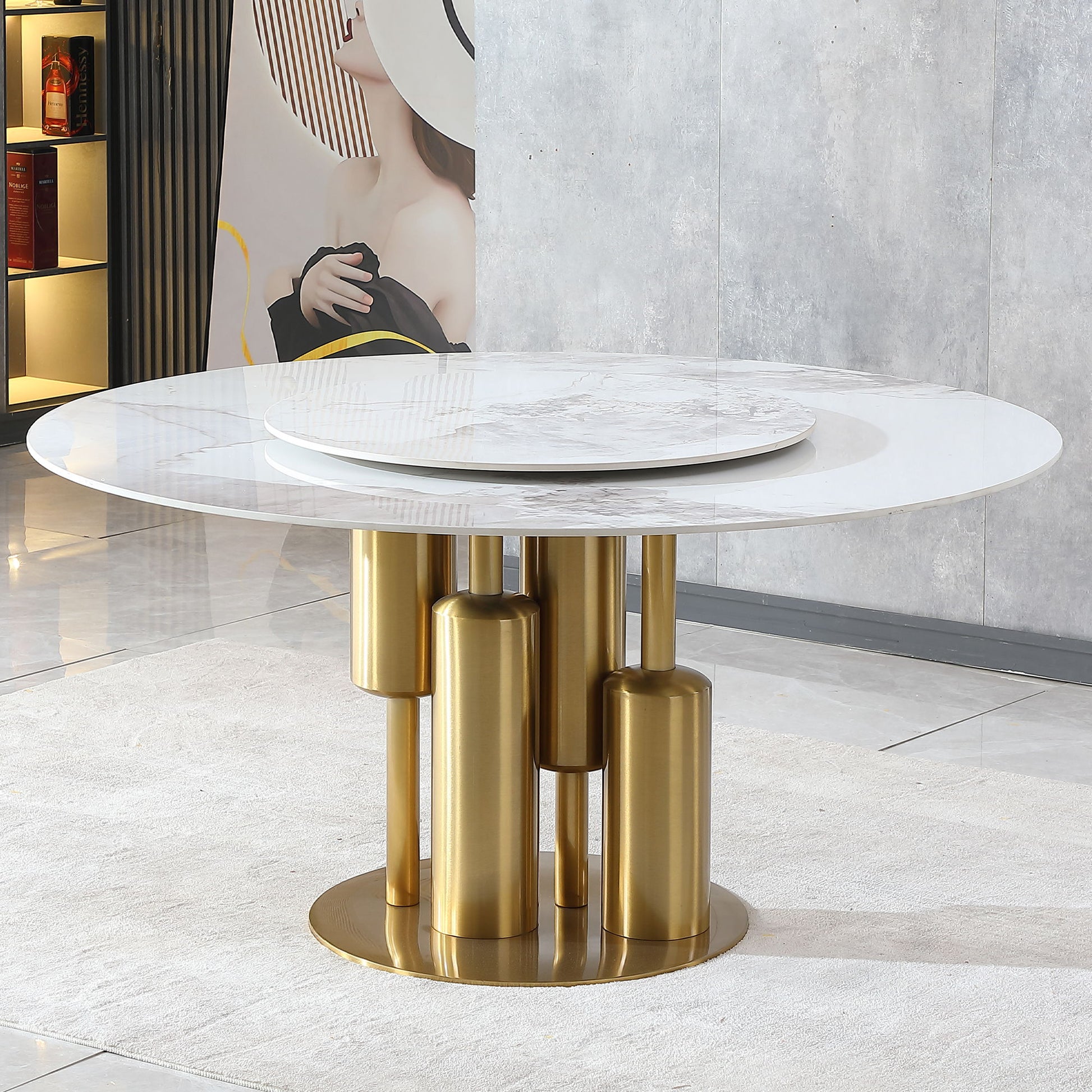 53" Round Marble Dining Table With Lazy Susan, Dining Room, Dinette (Table Only) - Gold / Gold / White Home Essentials