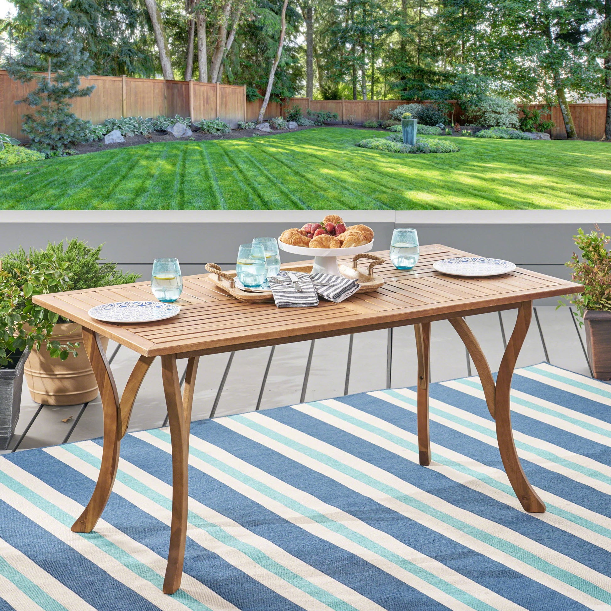 Outdoor Rectangular Table With Curved Legs And Perpendicular Wooden Slats Table Top Noble House