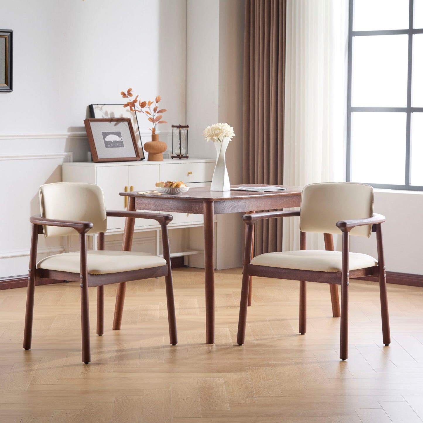Dining Room Chairs, Ideal For Home & Kitchen (Set of 2) - Beige / Dark Walnut Noble House