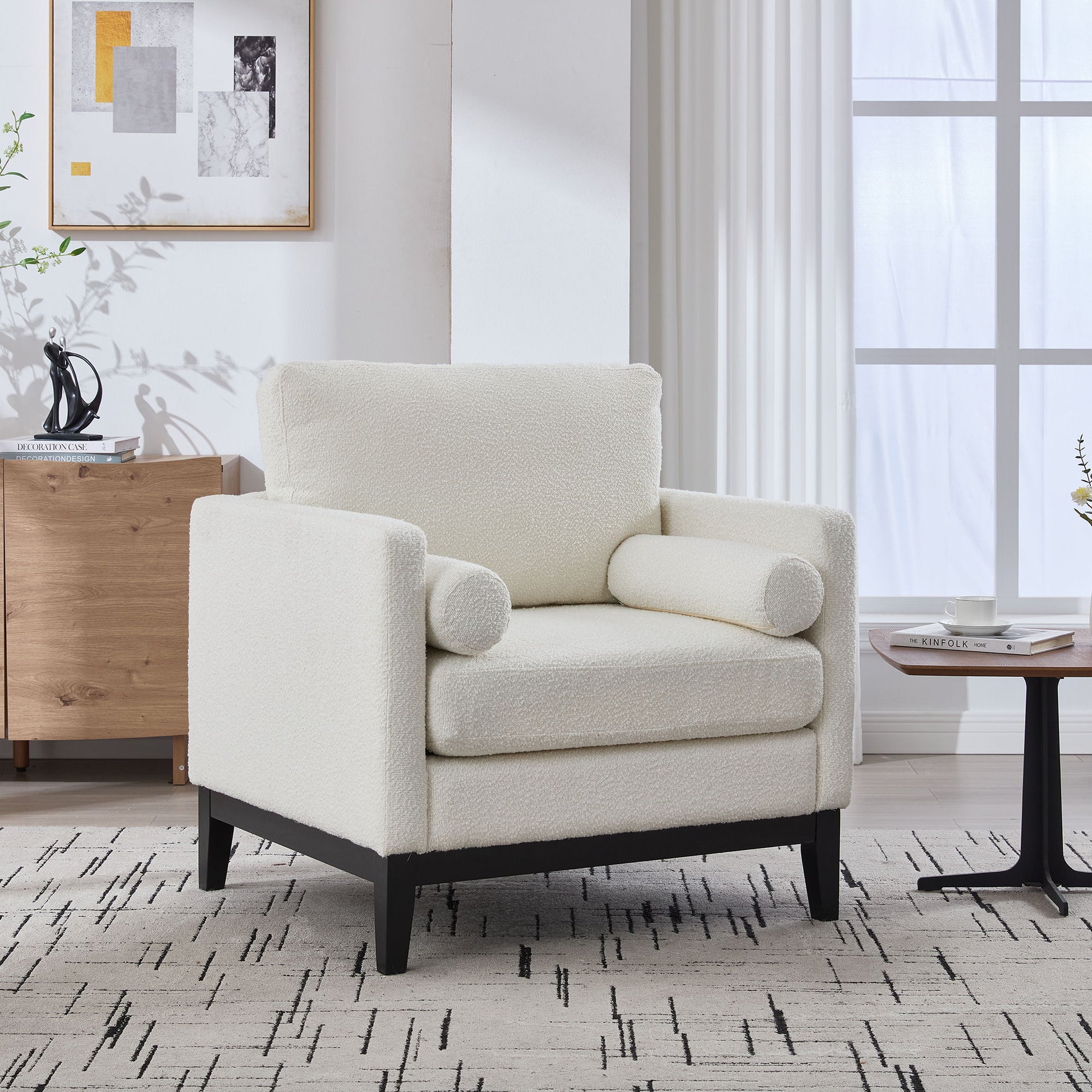 Wide Modern Farmhouse Performance Accent Chair With Legs, Wood Base Home Essentials